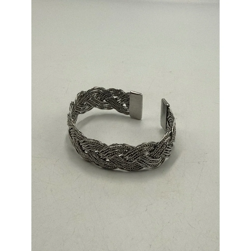 Silver Tone Woven Braided Wire Cuff Bracelet Wide Metallic Open Bangle
